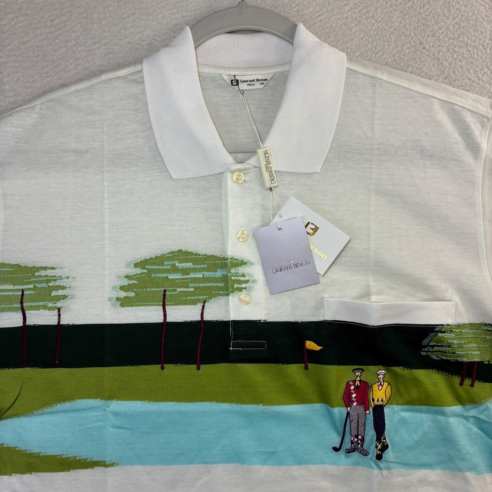 Laurant Benon Paris Polo Shirt Men M White Golf Graphic Knit Preppy NWT